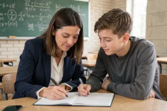 Une professeure et un élève adolescent travaillent ensemble sur un cahier dans une salle de classe apaisante, illustrant la relation de confiance entre enseignants et élèves