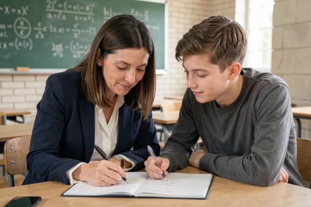 Une professeure et un élève adolescent travaillent ensemble sur un cahier dans une salle de classe apaisante, illustrant la relation de confiance entre enseignants et élèves