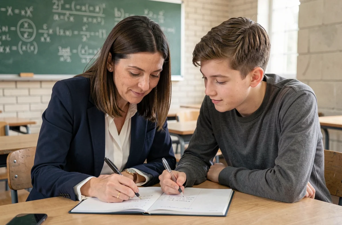 Une professeure et un élève adolescent travaillent ensemble sur un cahier dans une salle de classe apaisante, illustrant la relation de confiance entre enseignants et élèves