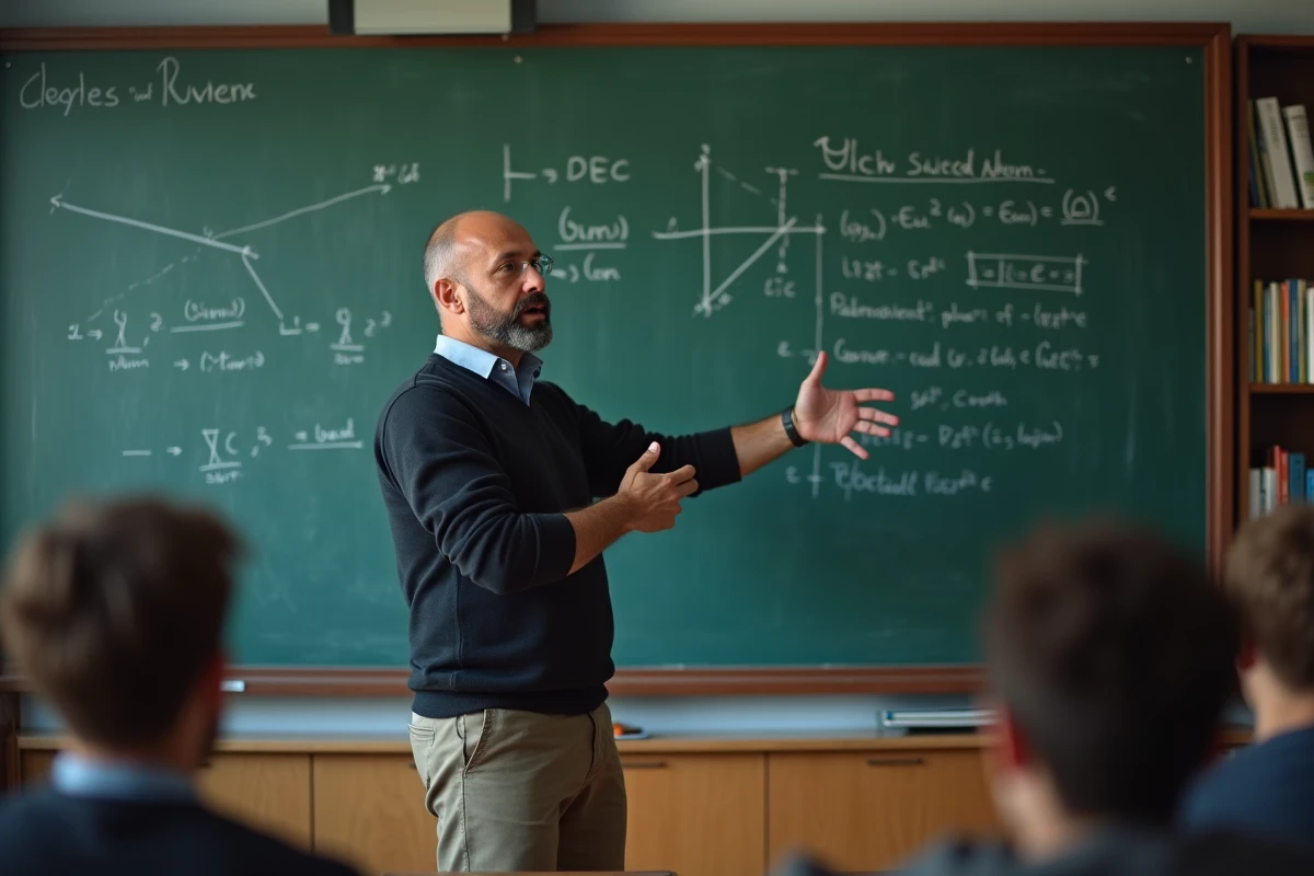 Professeur de physique expliquant devant un tableau noir