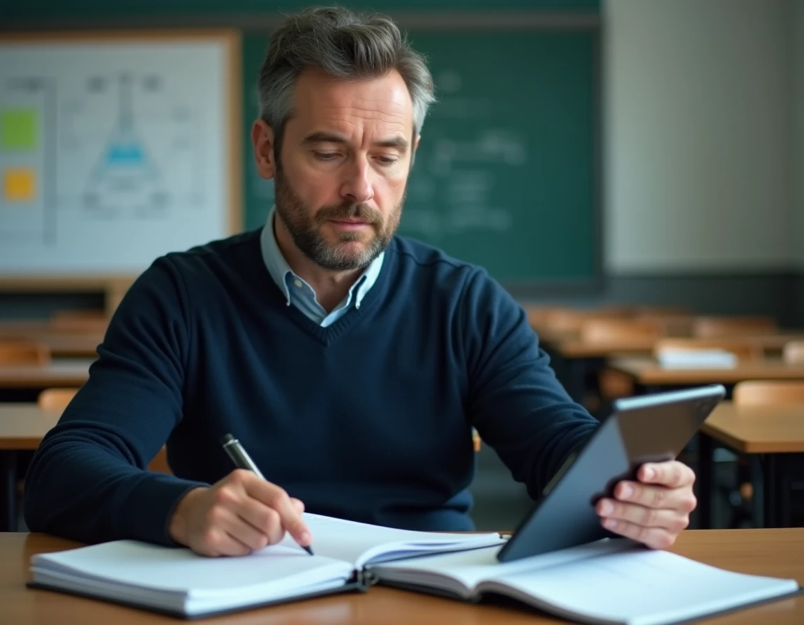 Professeur masculin utilisant une tablette et un cahier de préparation dans une salle de classe vide