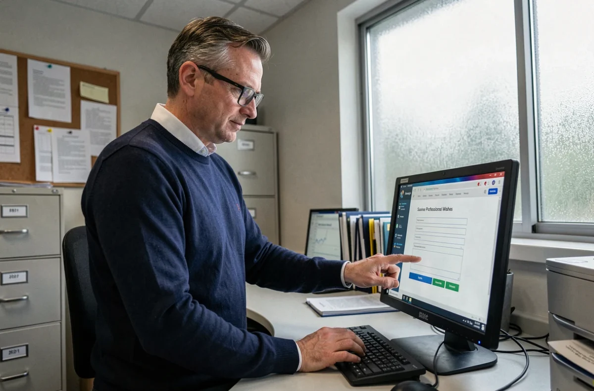 Professeur masculin soumettant ses vœux en ligne sur IProf depuis un bureau administratif scolaire