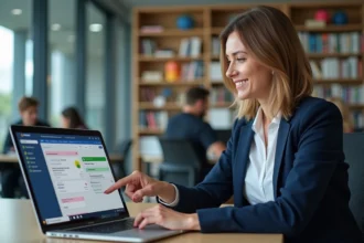 Professeure d'université interagissant avec la plateforme Moodle sur un ordinateur portable dans un bureau académique moderne