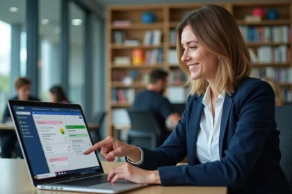 Professeure d'université interagissant avec la plateforme Moodle sur un ordinateur portable dans un bureau académique moderne