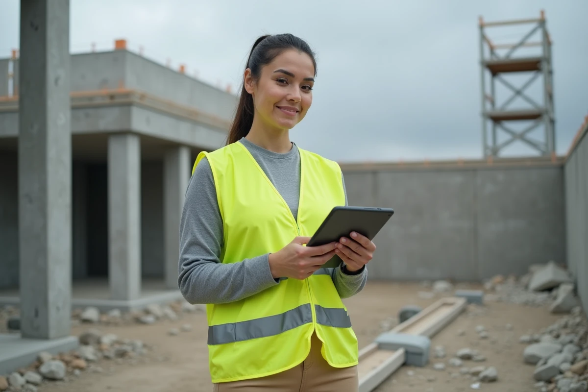 Professionnelle du BTP en gilet de sécurité consultant une plateforme de formation CPF sur tablette sur un chantier
