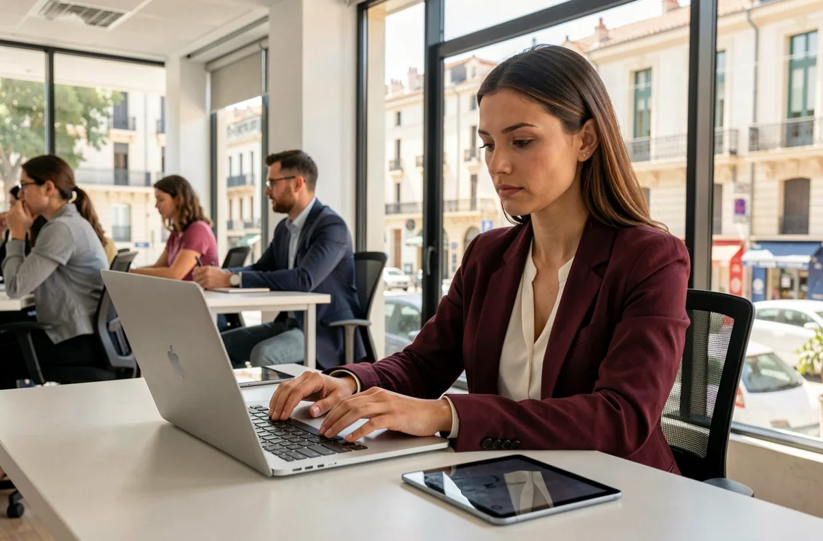 Apprenante adulte complétant un module d'évaluation numérique dans l'environnement de formation moderne de Progressix Formation à Marseille