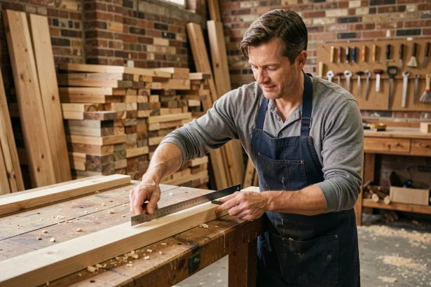 Homme en tablier de menuisier mesurant une planche en bois dans un atelier artisanal, reconversion professionnelle formation menuiserie