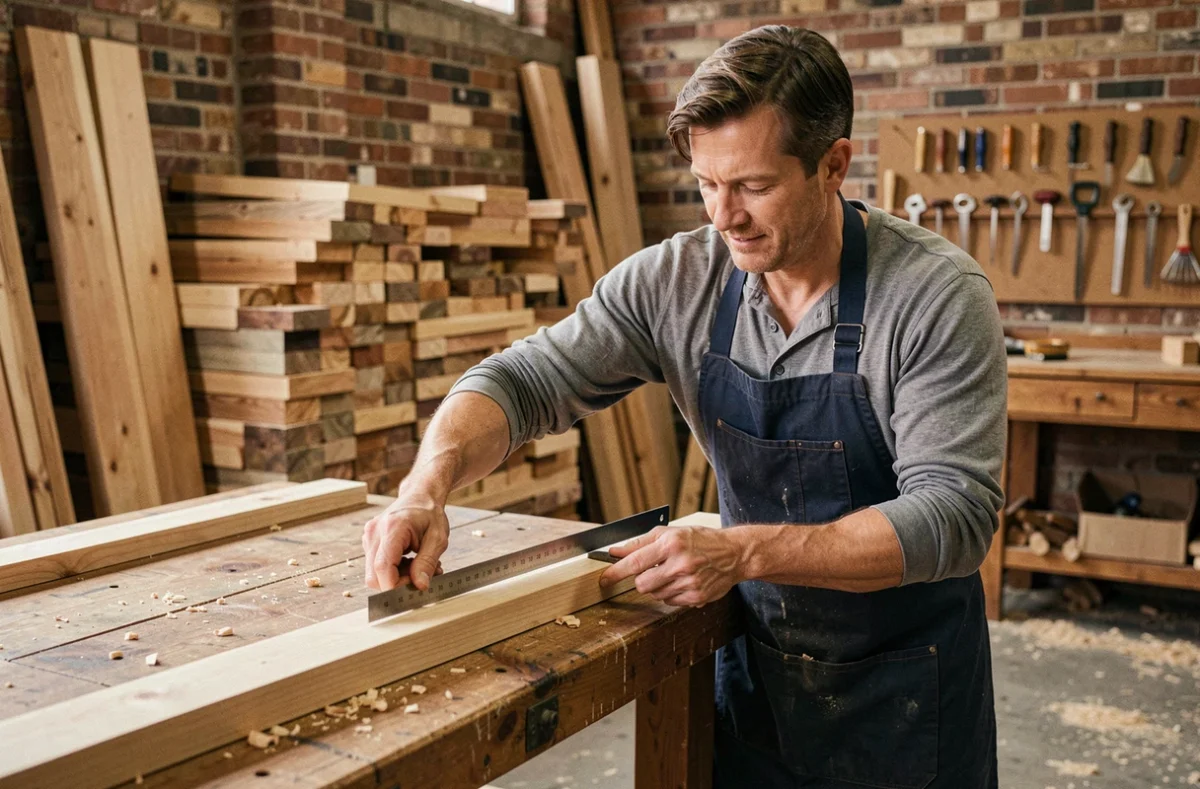 Homme en tablier de menuisier mesurant une planche en bois dans un atelier artisanal, reconversion professionnelle formation menuiserie