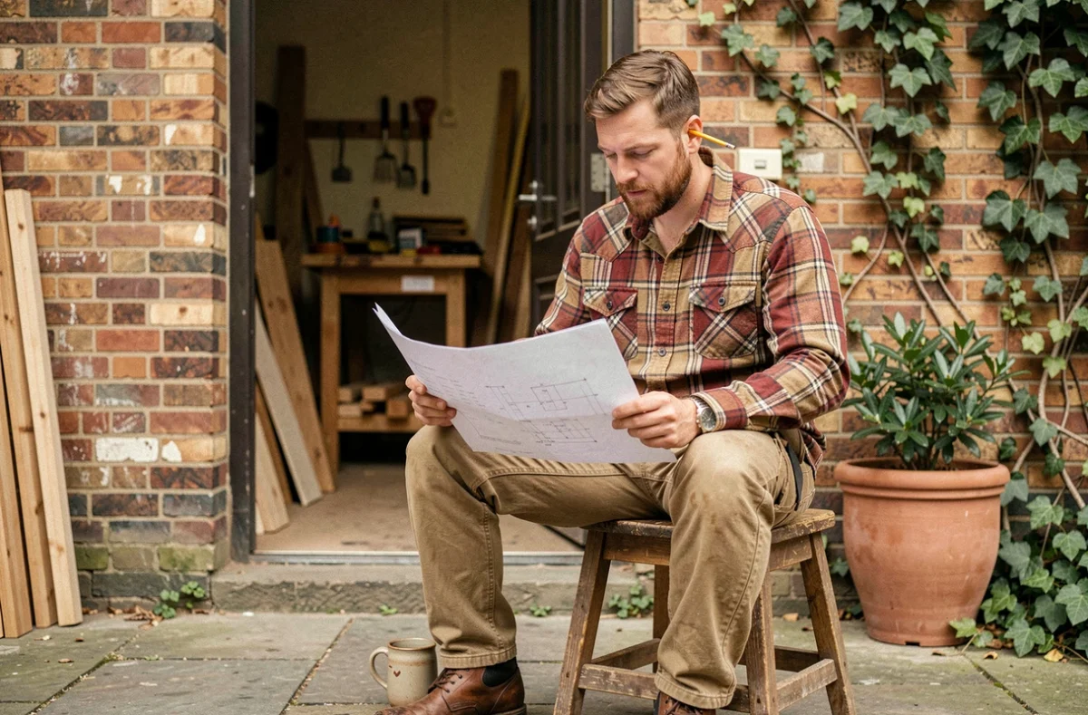 Homme en reconversion professionnelle consultant des plans de menuiserie lors d'une pause devant un atelier de formation, changement de vie métier manuel
