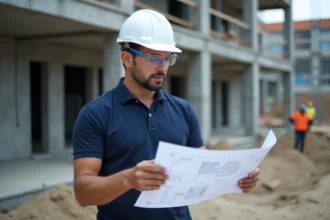 Professionnel du BTP en reconversion consultant un plan technique sur un chantier de construction avec casque et lunettes de sécurité