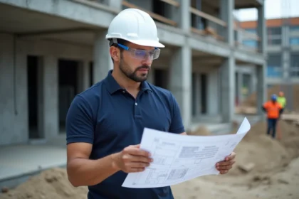 Professionnel du BTP en reconversion consultant un plan technique sur un chantier de construction avec casque et lunettes de sécurité