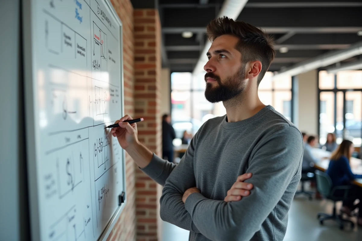 Jeune professionnel planifiant sa reconversion vers un métier bien payé devant un tableau blanc dans un espace de coworking, symbolisant l'indépendance financière par la formation