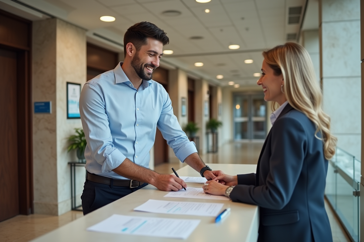 Jeune homme remplissant un formulaire au guichet public