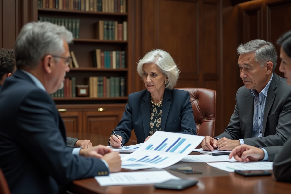 Groupe de professionnels en réunion dans une salle de finance