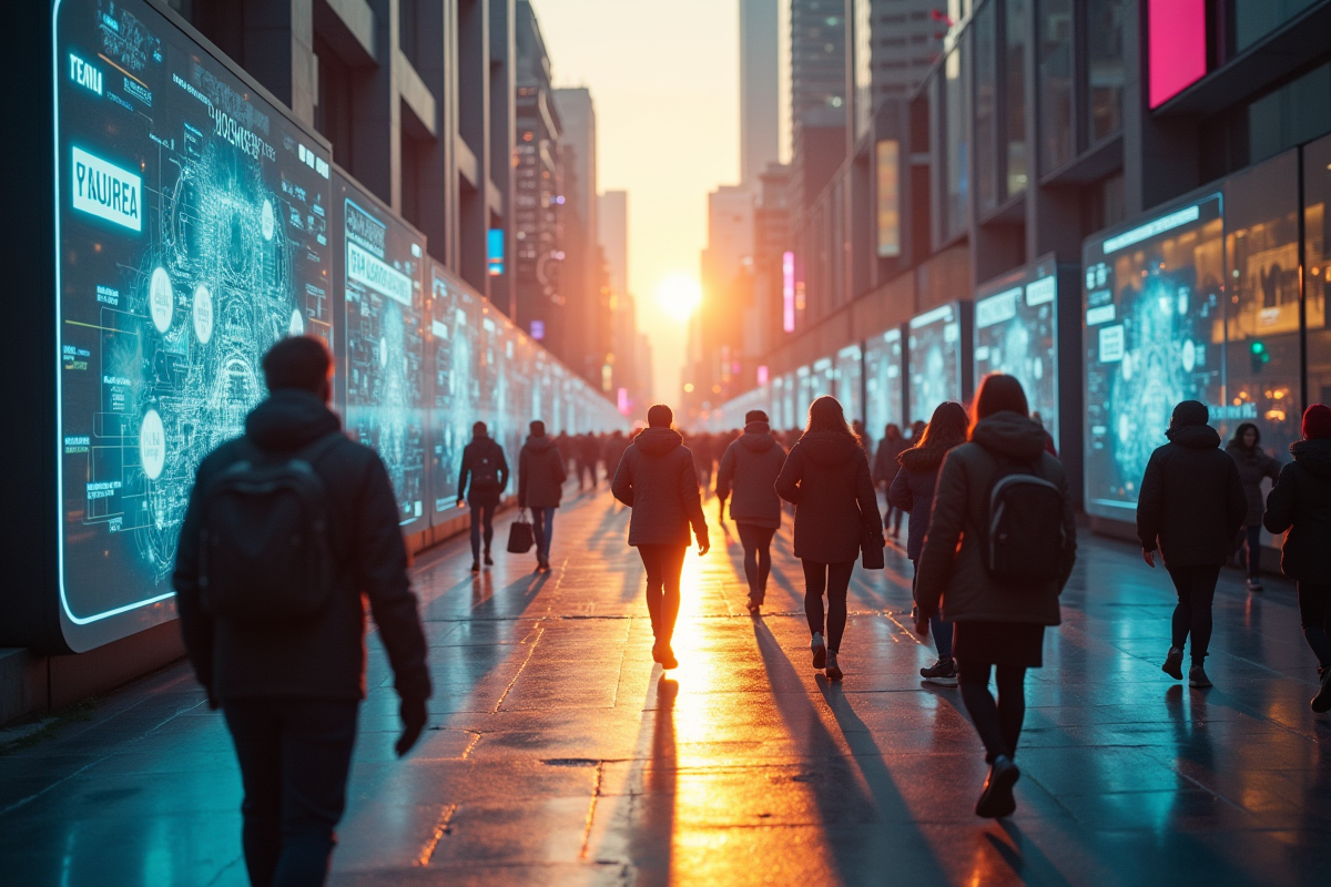 Rue urbaine futuriste avec affichages holographiques et personnes connectees