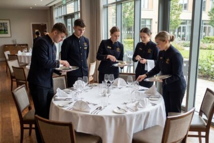 Groupe d'étudiants en hôtellerie pratiquant le service en restaurant