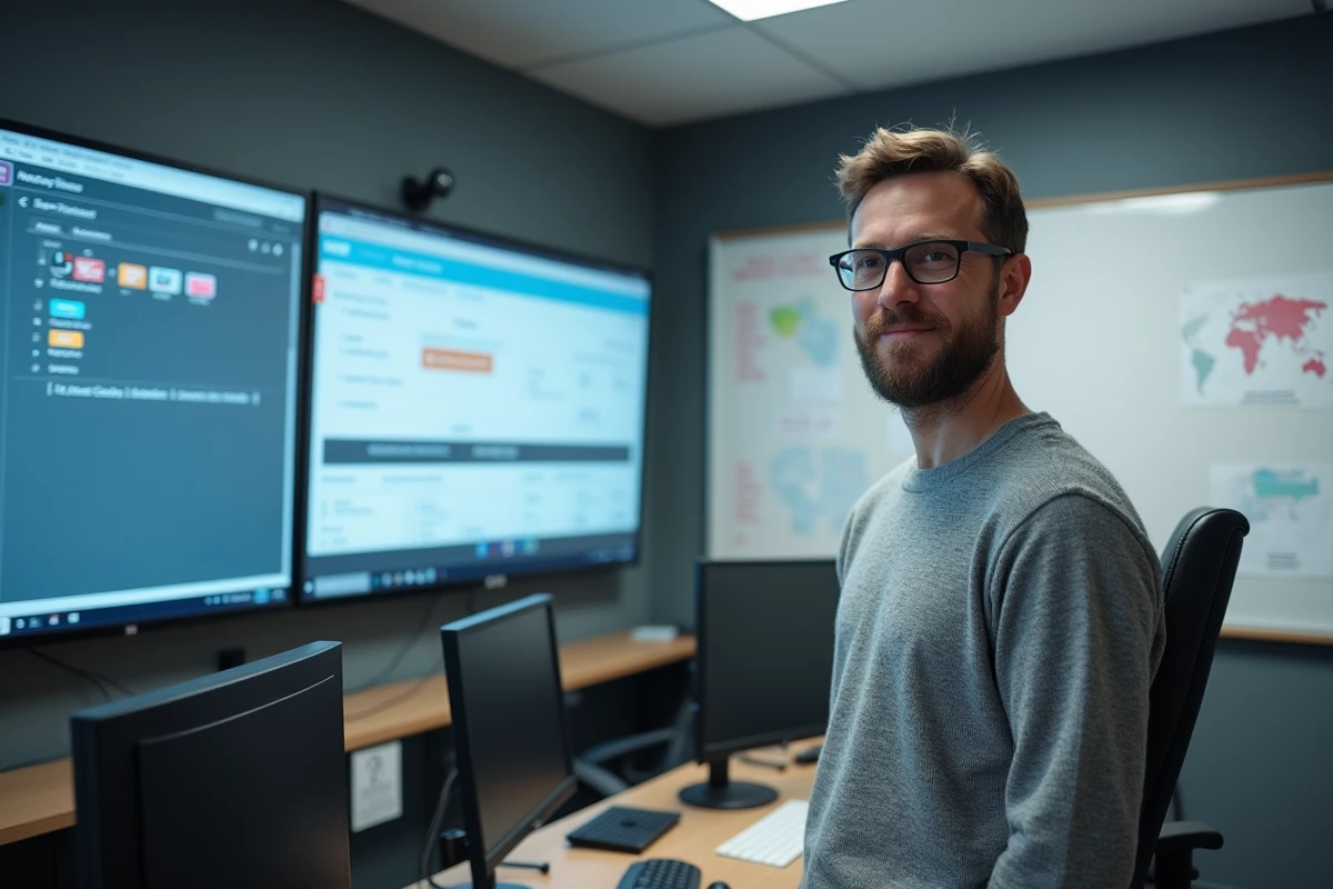 Spécialiste en e-learning configurant un cours interactif sur la plateforme Moodle dans un laboratoire numérique universitaire