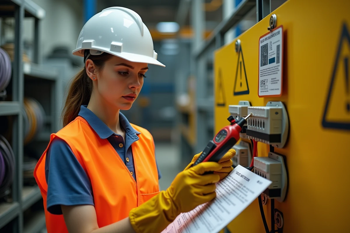 Stagiaire débutante en habilitation électrique testant la tension sur un bornier pédagogique avec un voltmètre et des gants isolants dans un atelier de formation professionnelle