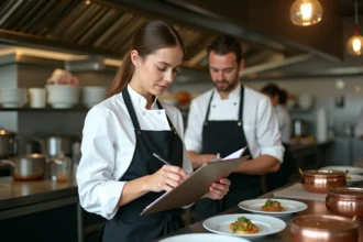 Stagiaire de l'école hôtelière IFH observant un chef expérimenté lors d'un stage en cuisine professionnelle