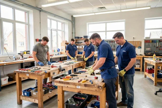 Stagiaires adultes au travail dans un atelier de formation professionnelle