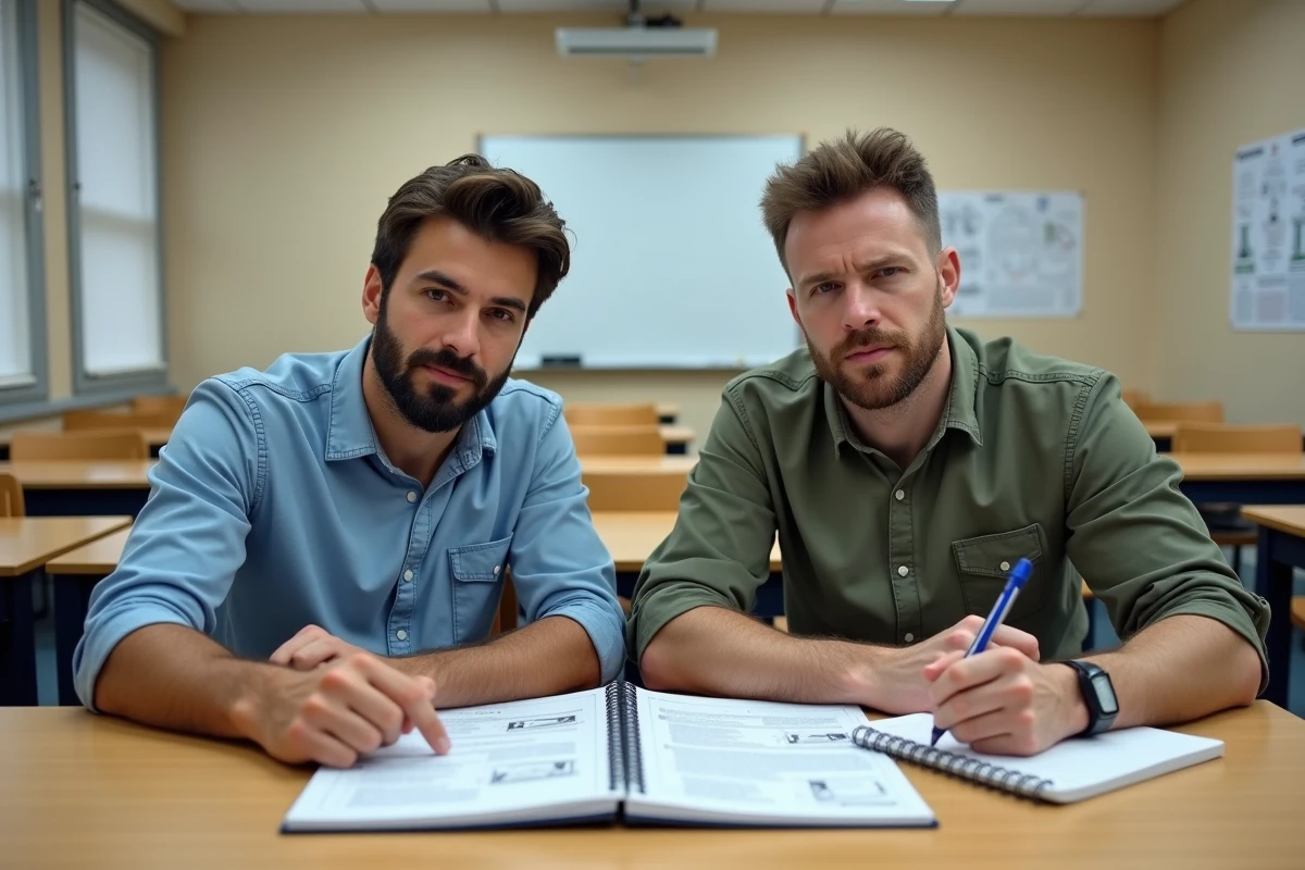 Deux stagiaires débutants étudiant le référentiel habilec 7 et les normes de sécurité électrique dans une salle de formation professionnelle