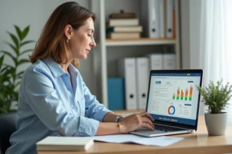Femme consultant son tableau de bord de suivi de notes sur une plateforme Moodle depuis son bureau à domicile