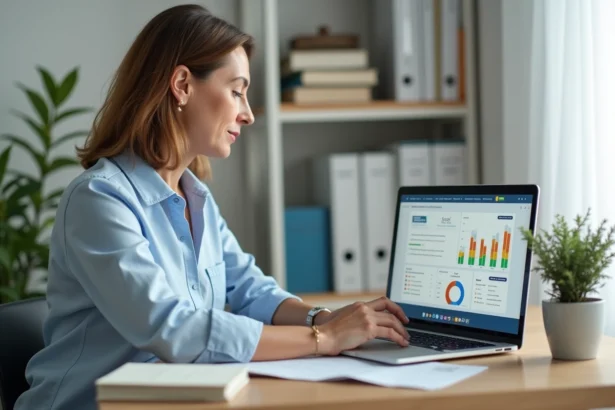 Femme consultant son tableau de bord de suivi de notes sur une plateforme Moodle depuis son bureau à domicile