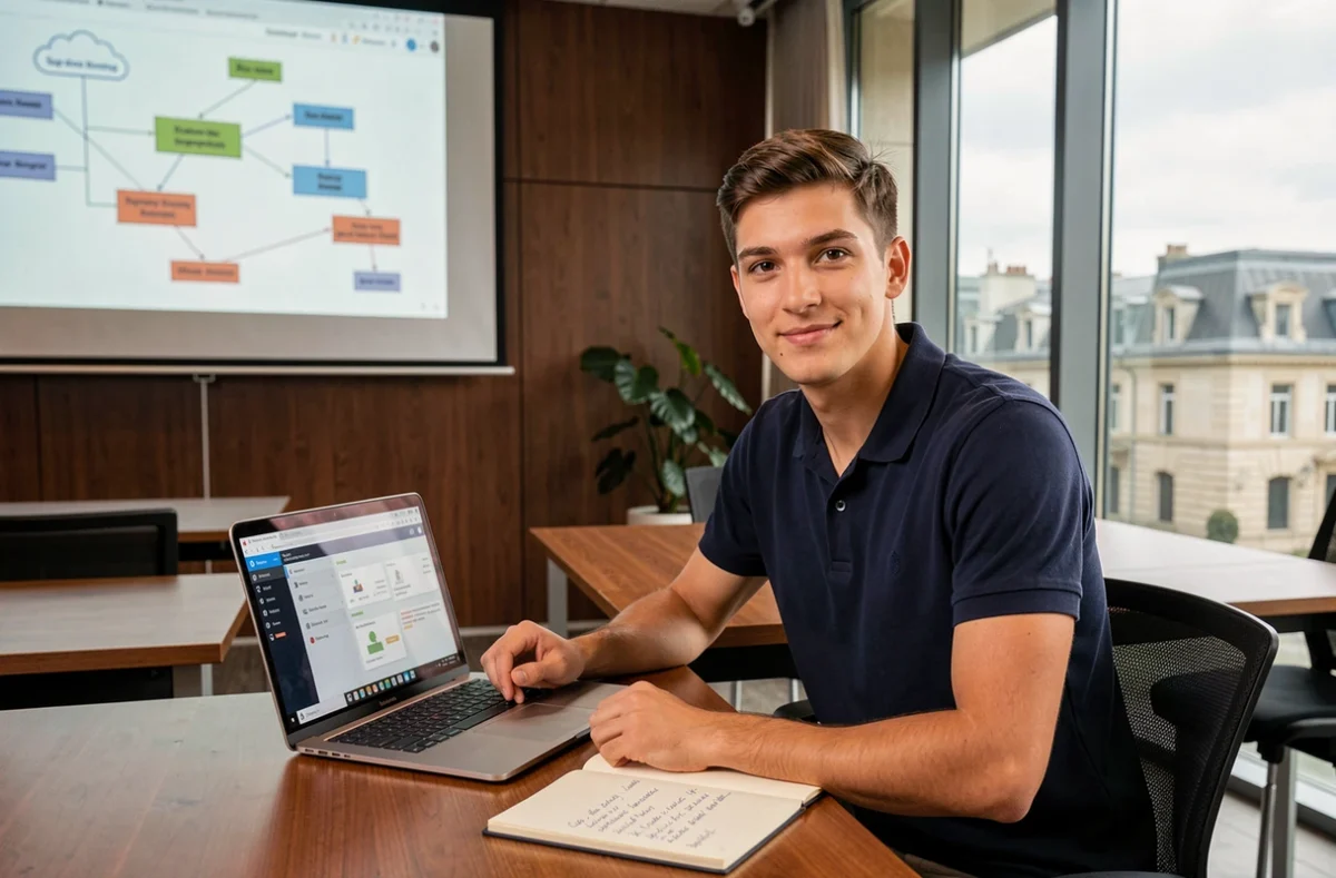Étudiant en informatique et management travaillant sur une infrastructure cloud dans une salle de séminaire à Sup de Vinci Bordeaux