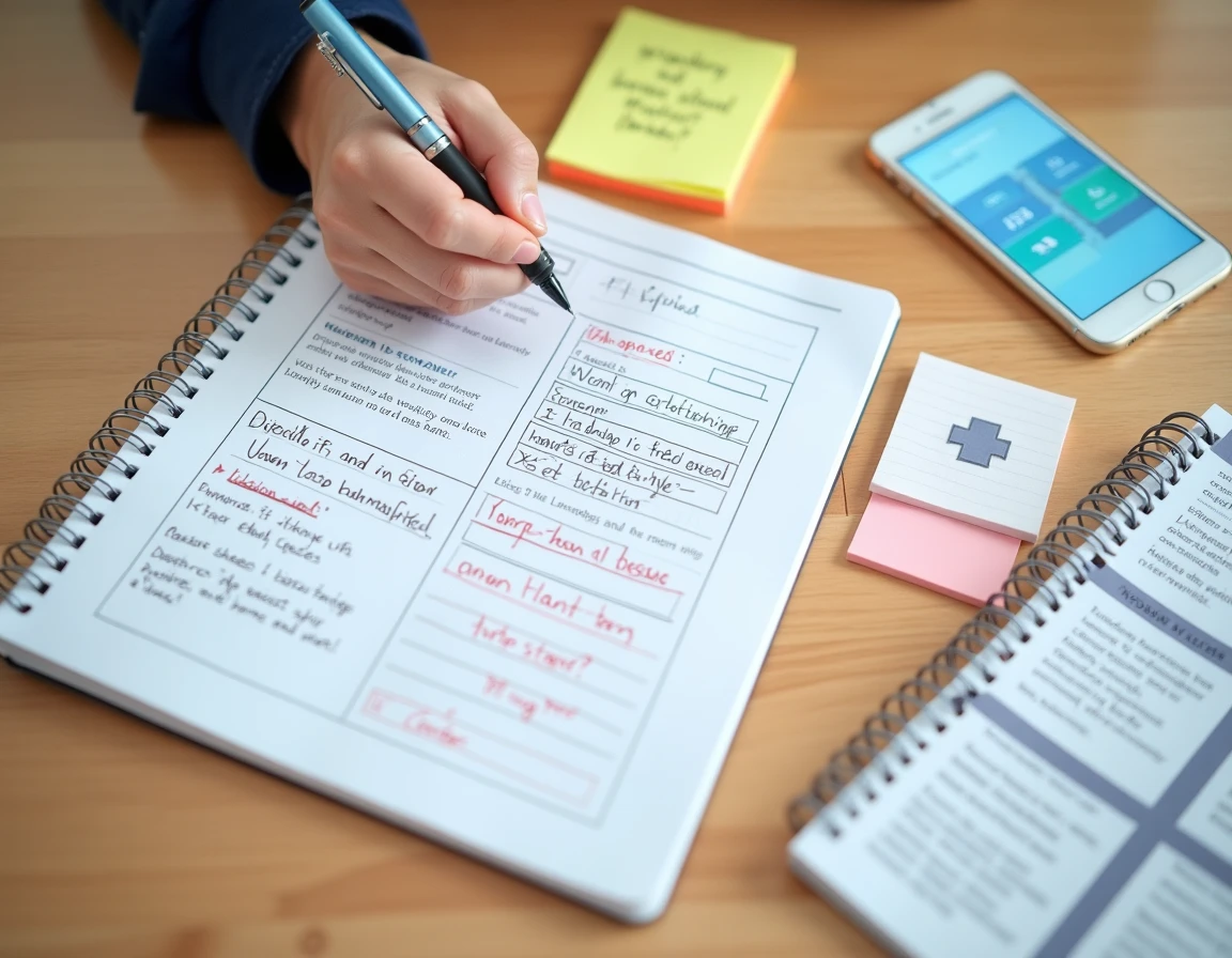 Vue aérienne d'un bureau enseignant avec cahier de préparation manuscrit et application de planification automatisée