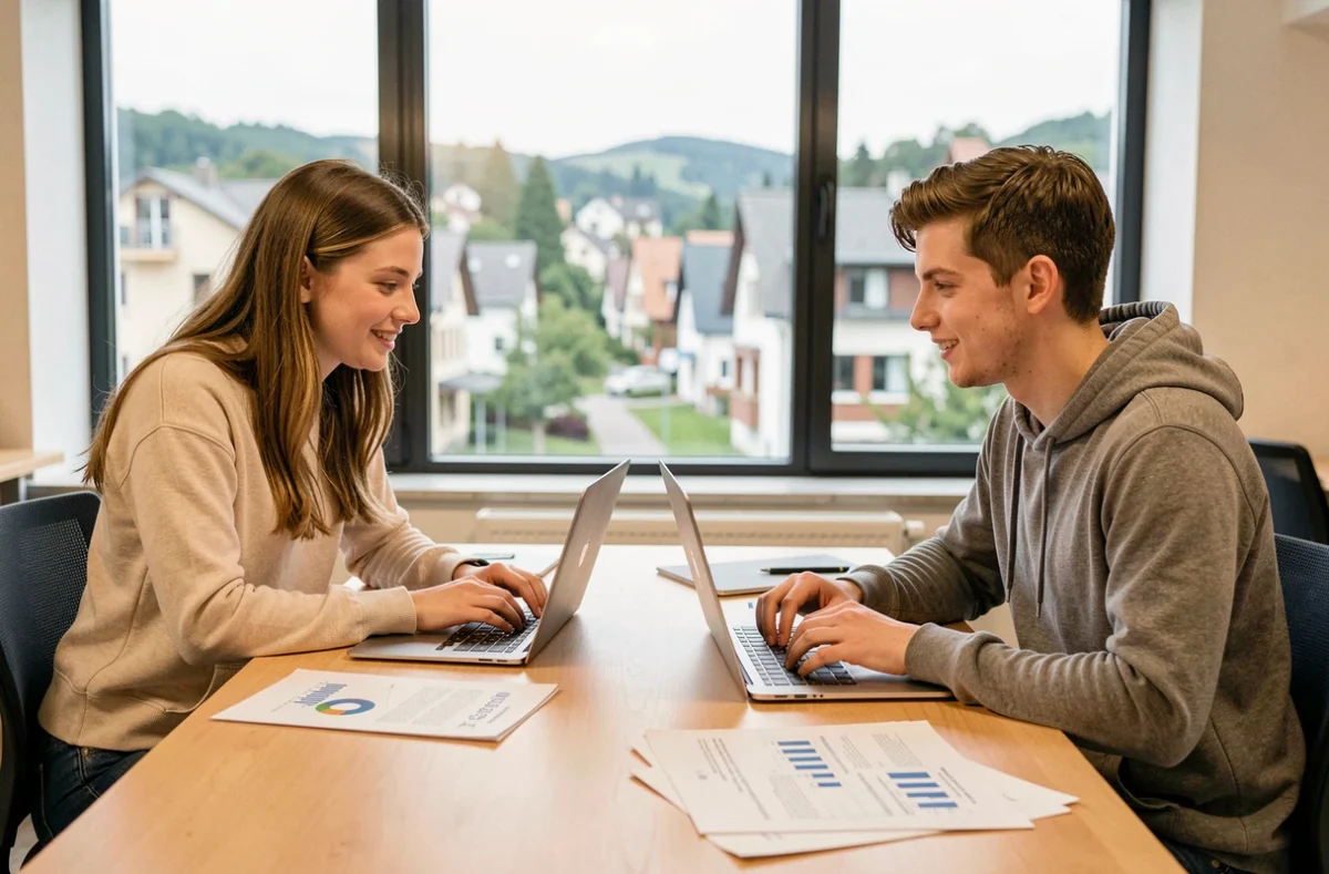 Deux étudiants en management collaborant sur un projet à Wes'Sup Pays de Gex, école supérieure de commerce et de management