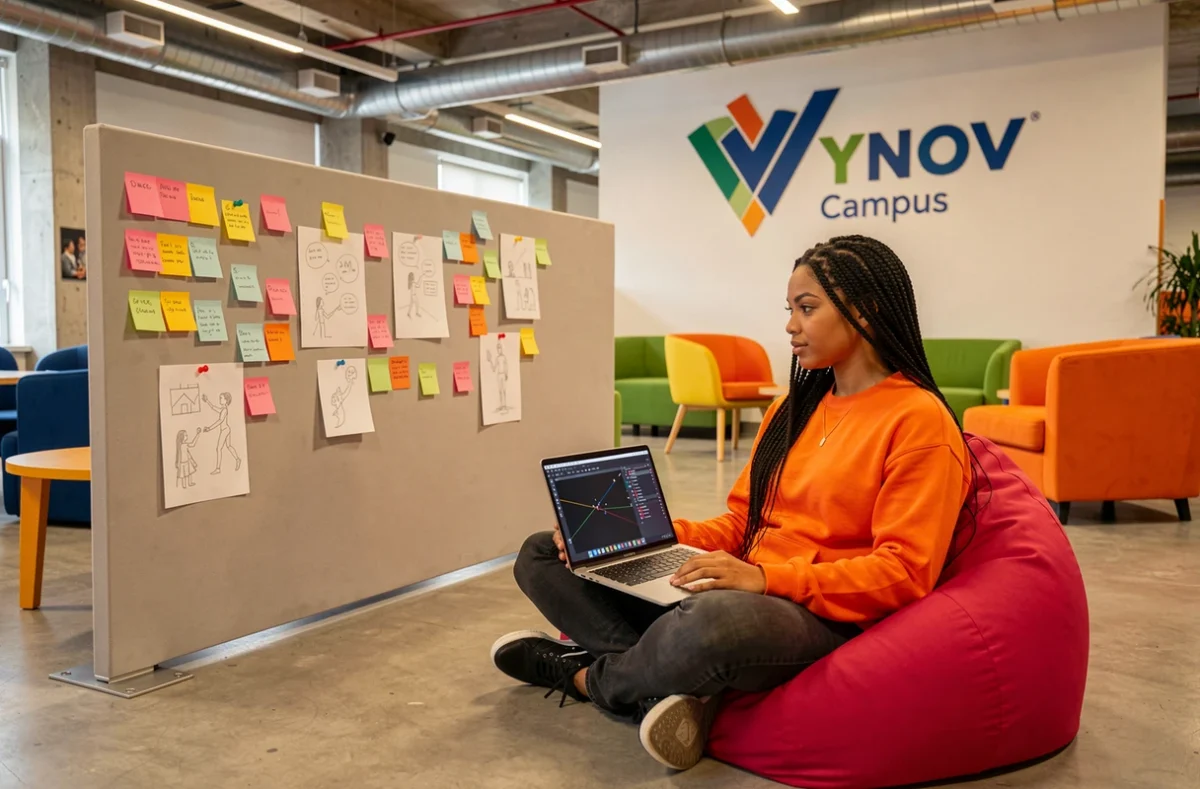 Étudiante travaillant sur un projet de développement de jeu vidéo dans le lounge coloré de Ynov Campus Bordeaux